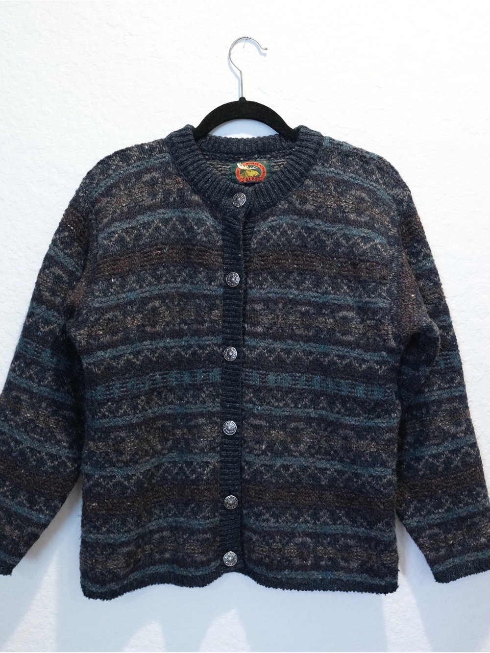 Vintage ALPS Wool Blend Cardigan Size S Nordic Fair Isle Blue Multicolor USA